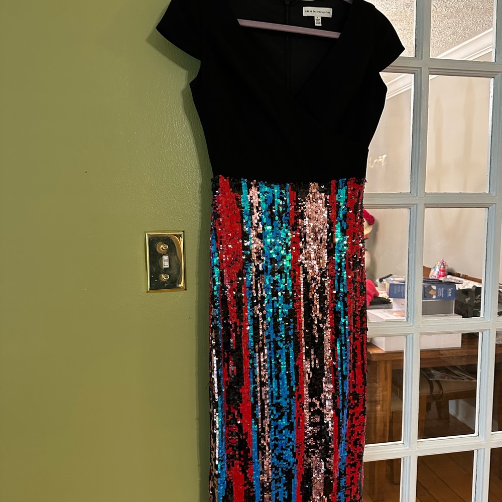 NWOT Dress the Population Little Black Dress w/ Colorful Sequin Skirt